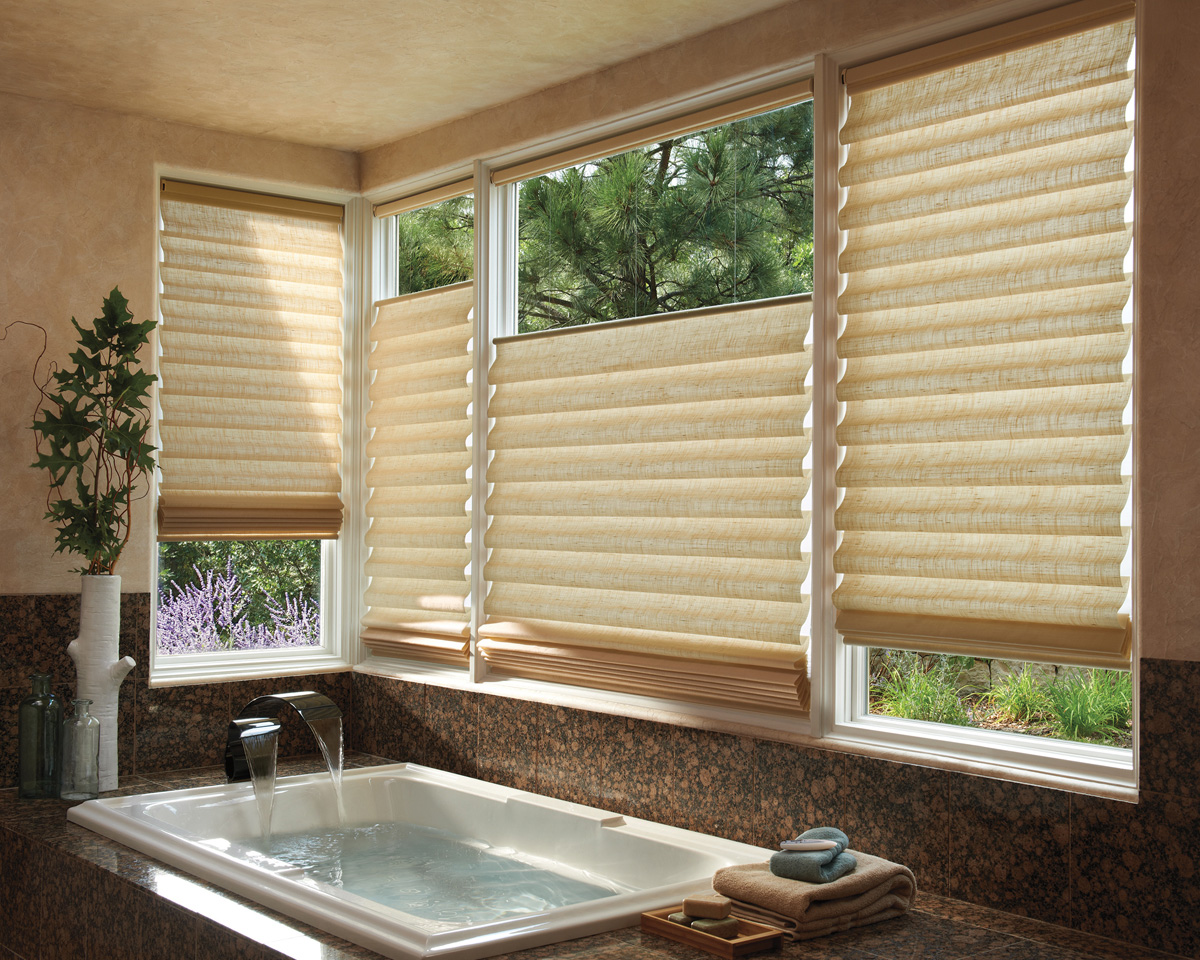 large windows in bathroom with top down roman shades in Englewood CO