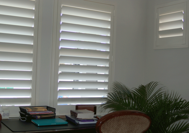 Denver home office with white plantation shutters