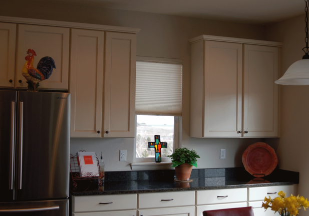 duetta architella honeycomb shades on narrow kitchen window in Westminster CO