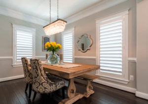 farmhouse style dining room with white plantation shutters in Denver CO