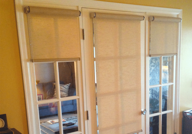 white french door office entrance with roller shades in Denver CO