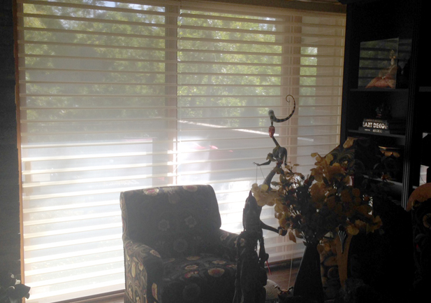white silhouette shades on large windows in Englewood CO home