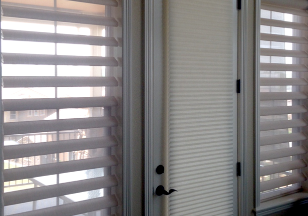 open pirouette shades on entryway windows in Denver CO