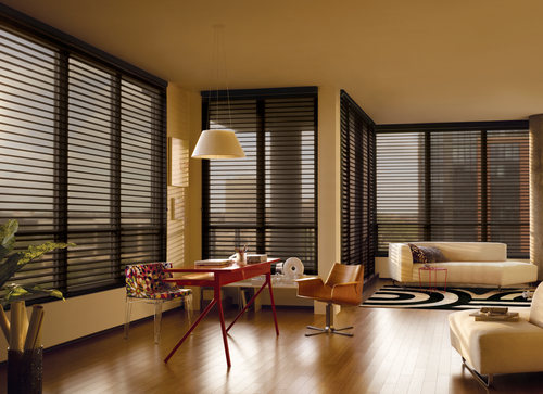 Nantucket™ Window Shades covering Black Trim Windows in a living room space