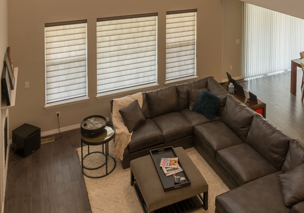 motorized shades living room windows pirouette shades Hunter Douglas Denver 80206