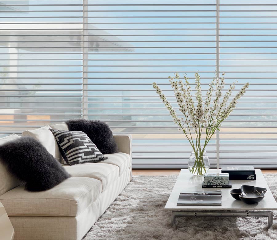 Floor to ceiling shades poolside view in Denver, CO