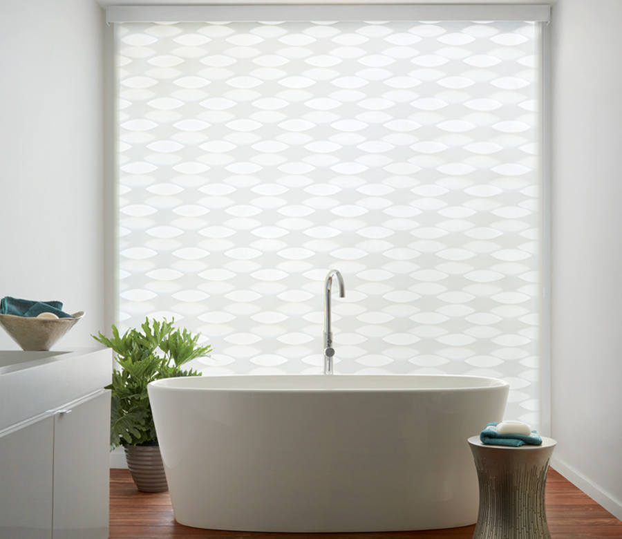 floor to ceiling shades in the bathroom with standing tub Englewood CO
