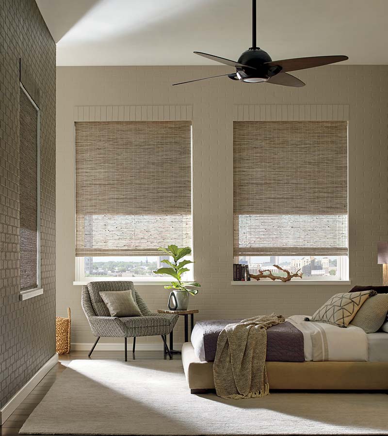 beige bedroom with woven wood shades in Denver CO