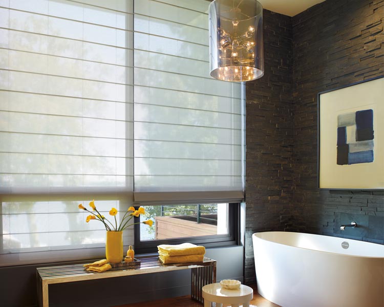 window treatments for large windows in modern bathroom with sheer roller shades in Denver CO