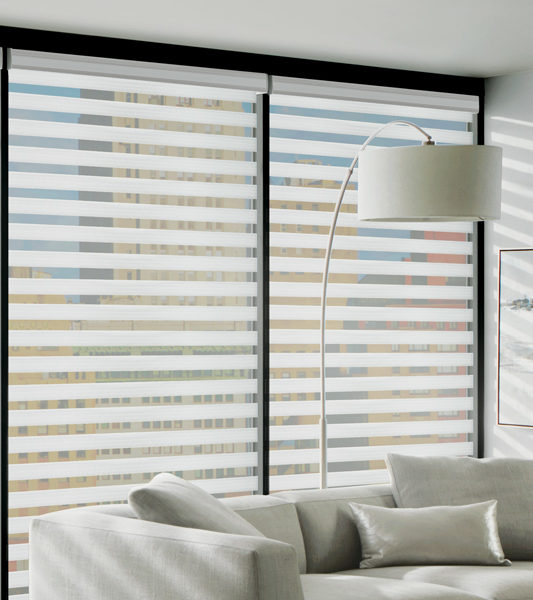 living room floor to ceiling large window blinds designer banded shades Hunter Douglas Denver 80209