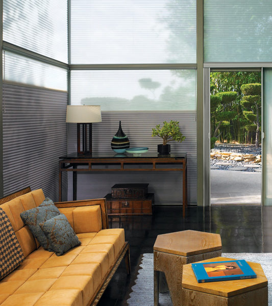 living room with duette honeycomb shades for energy efficient window treatments in Denver 80209