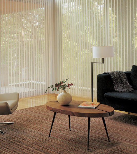 living room floor to ceiling large window blinds luminette privacy sheer vertical shades Hunter Douglas Denver 80206