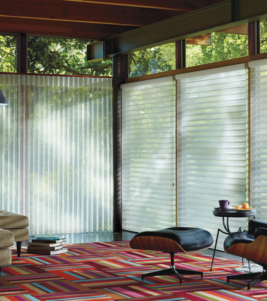 living room floor to ceiling large window blinds silhouette and luminette shades Hunter Douglas Denver 80238