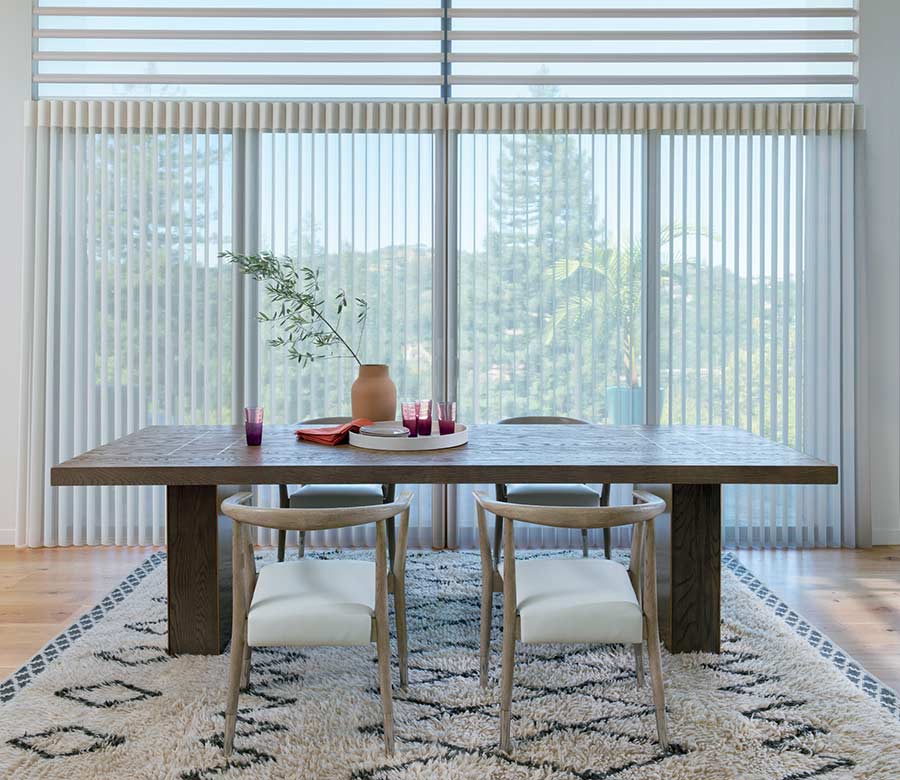 modern dining room in Denver CO with vertical privacy sheers large dining room table