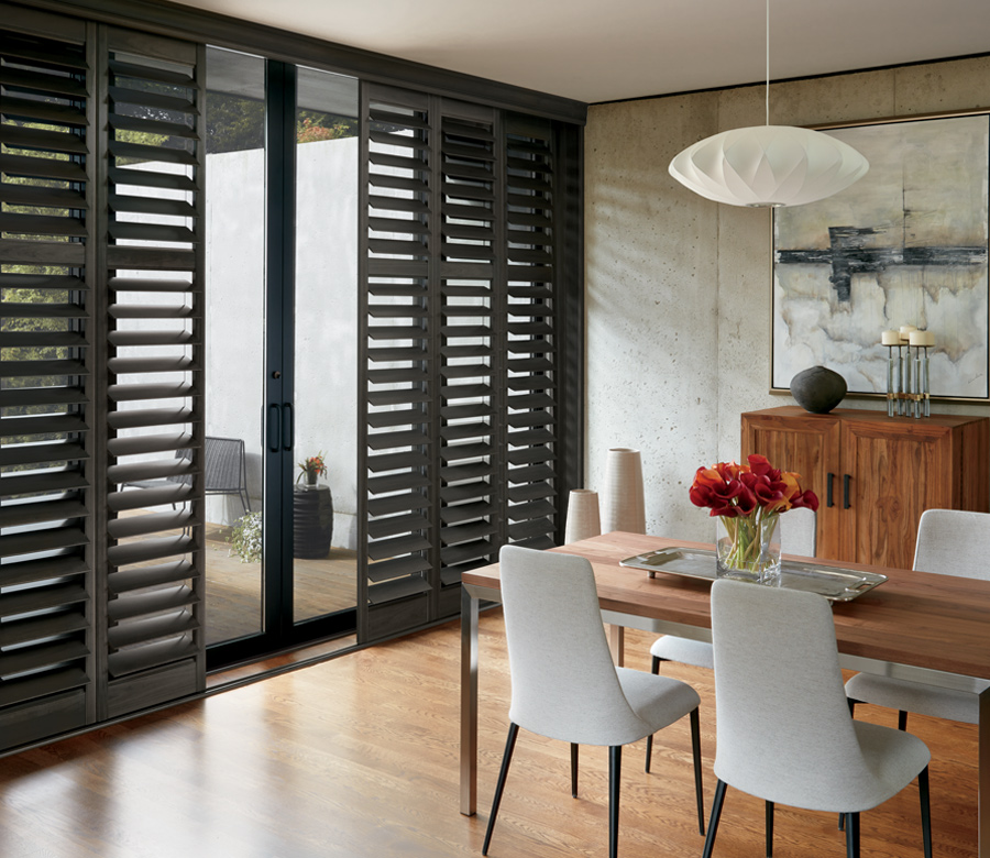 window treatments for sliding glass doors dark wood shutters Westminster CO