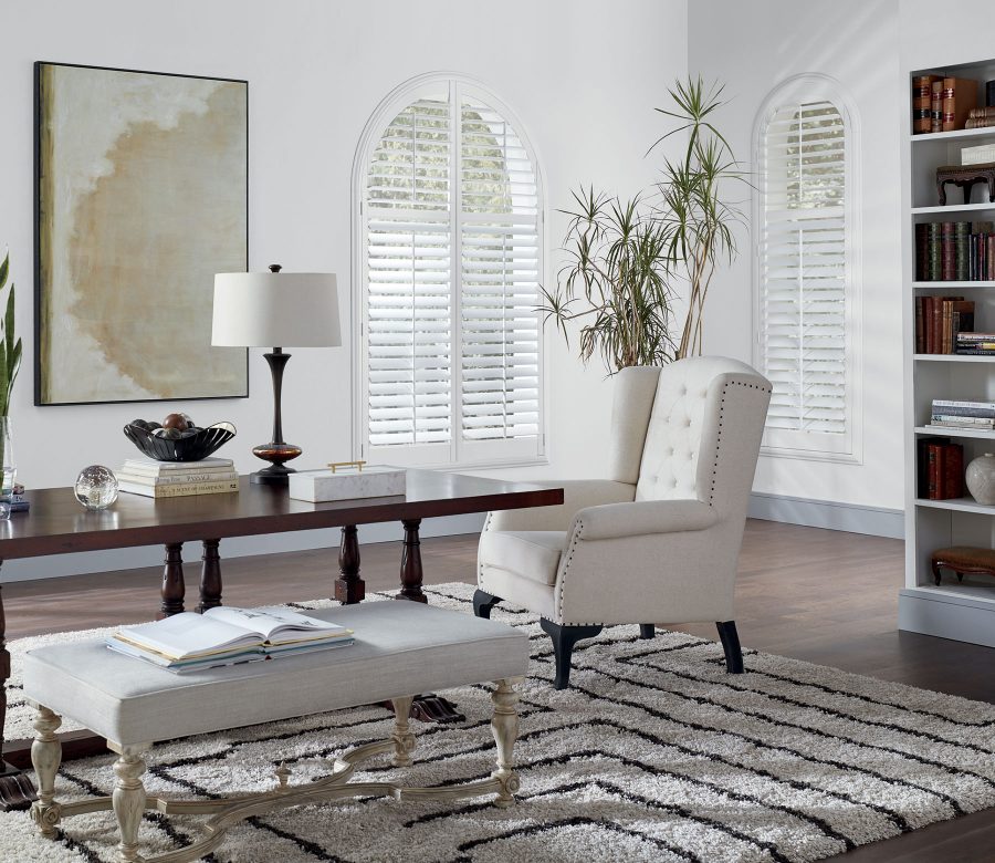 arched windows with white plantation shutters Denver CO
