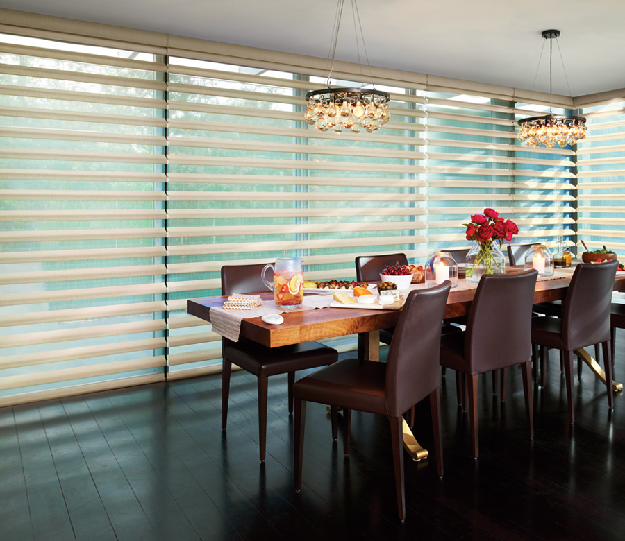 dining room with floor to ceiling windows with pirouette sheer shades Englewood CO