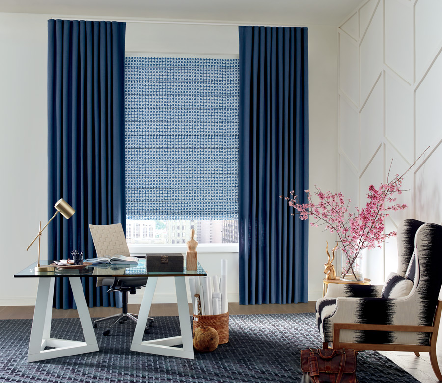 design studio custom window treatments fabric roman shades with side drapery panels Westminster