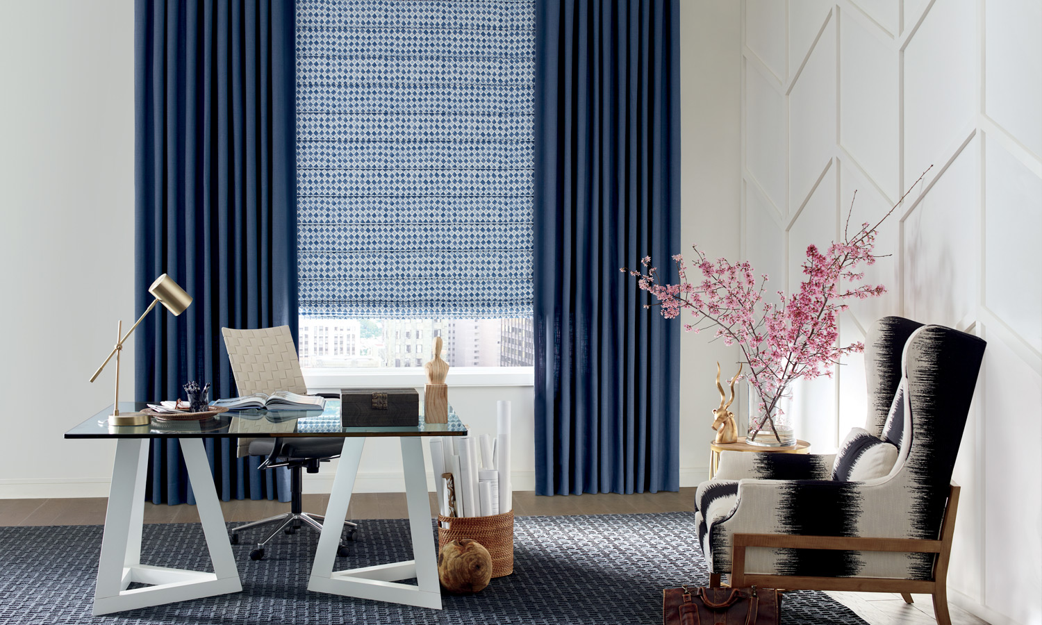hunter douglas blue side drapery panels and patterned roman shades in Westminster CO