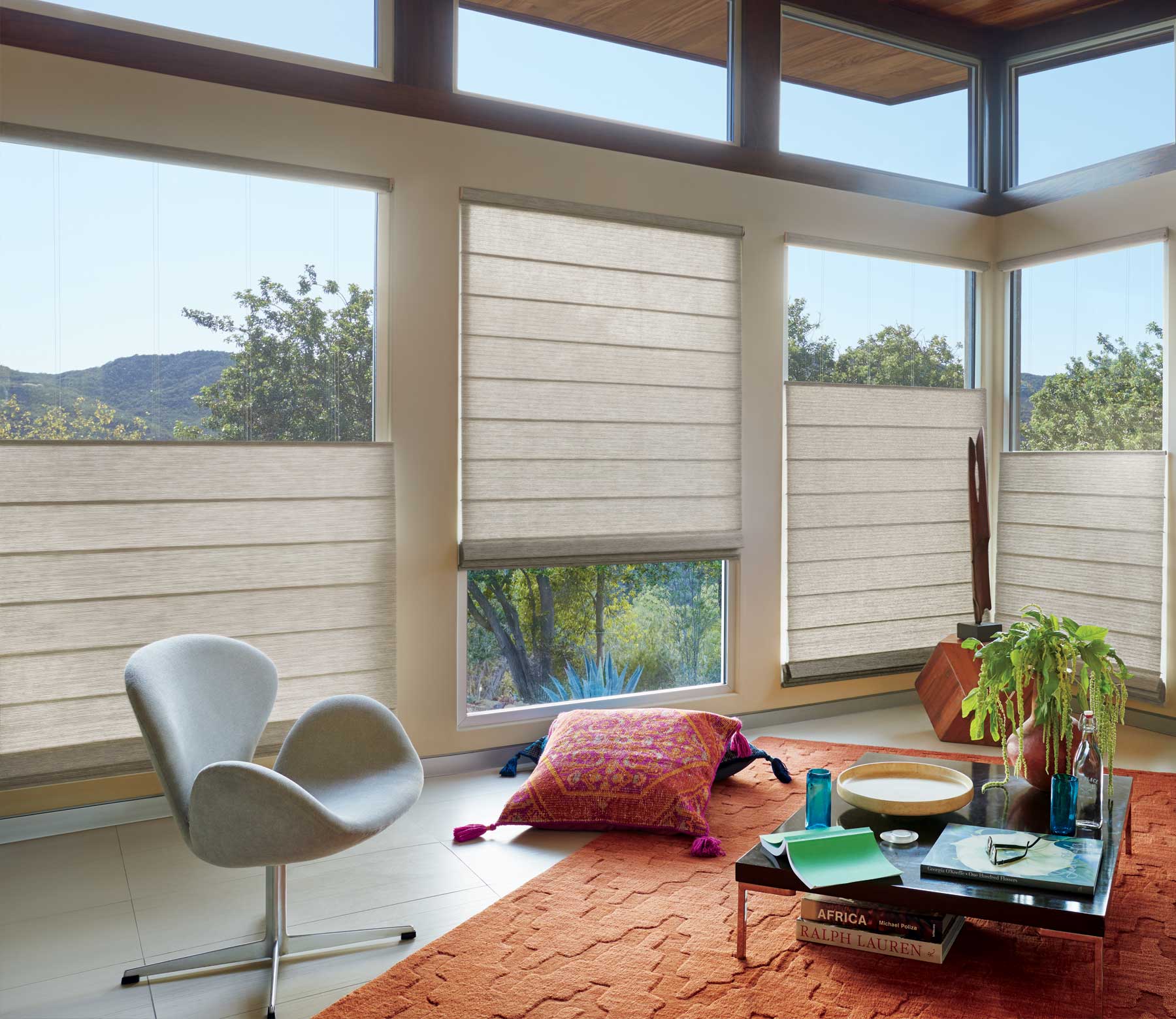 wall of windows with top down roman shades with motorization in Denver CO