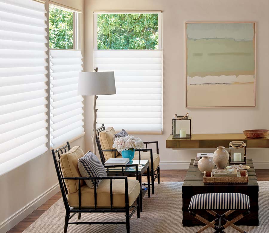 rustic living room with white roman shades