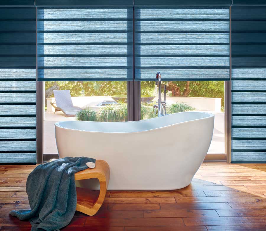 jewel tone dark blue shades in master bathroom in Westminster CO