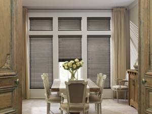 dining room interior design with wood blinds on wall of windows in Englewood CO