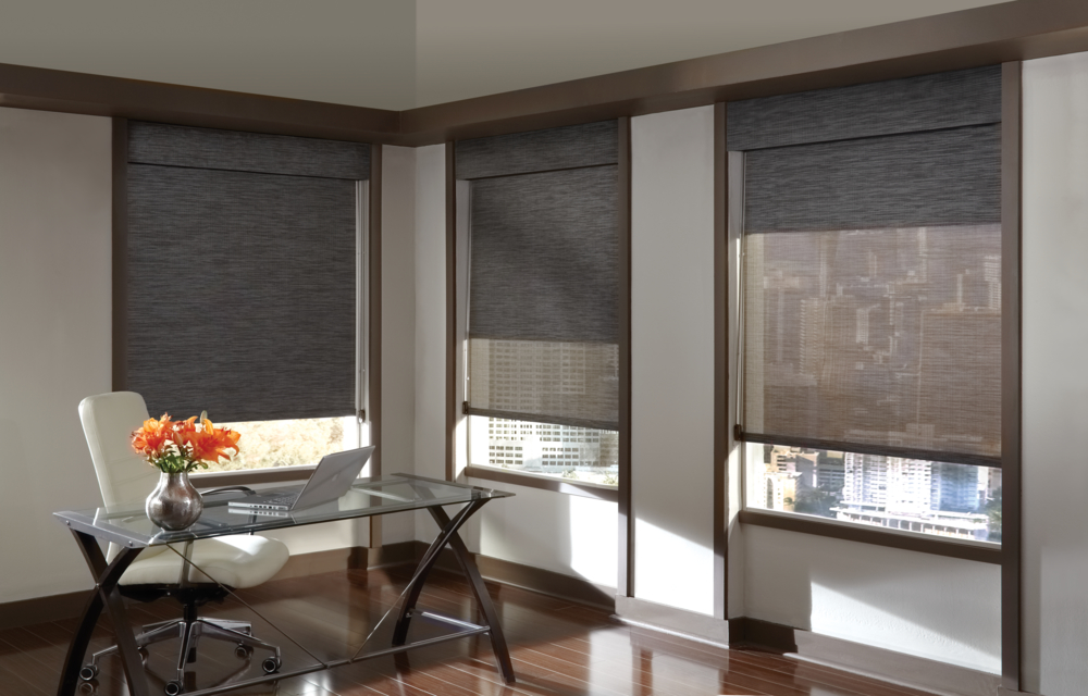 custom roller shades in home office in Denver CO