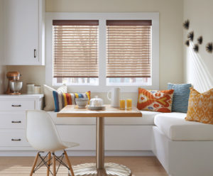 mix and match patterns in breakfast nook with window blinds in Westminster CO