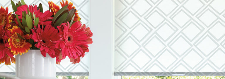 close up of patterned roller shades in Denver CO