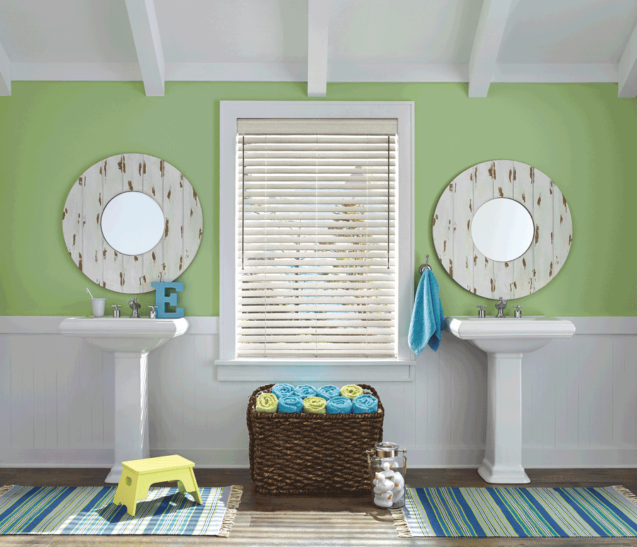 faux wood blinds bathroom design Hunter Douglas blinds Westminster 80021