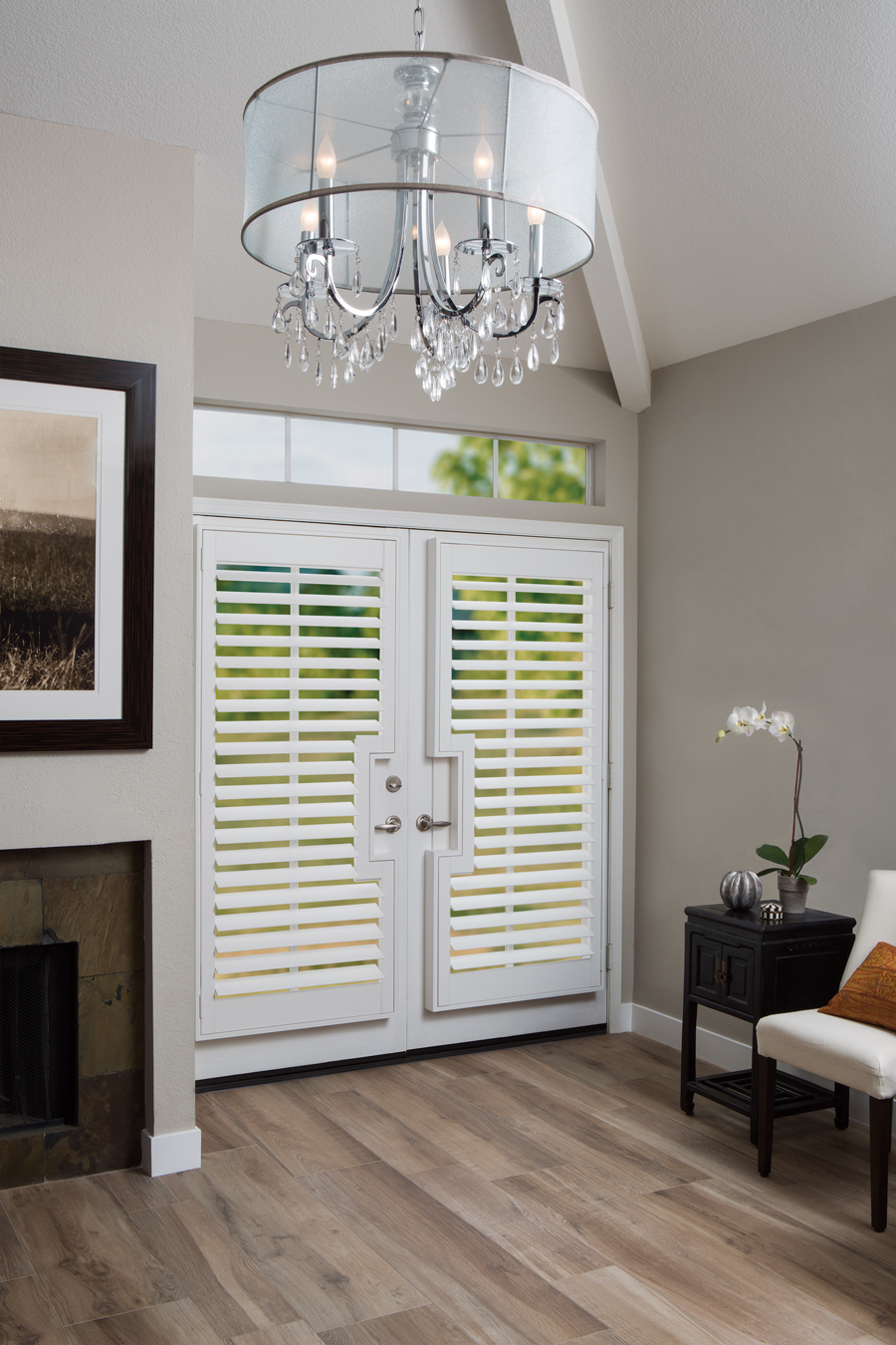 greige shades of white entryway Hunter Douglas plantation shutters Denver 80209