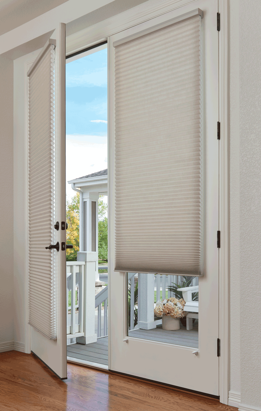 glass door window treatments french door duette shades Hunter Douglas Denver 80209