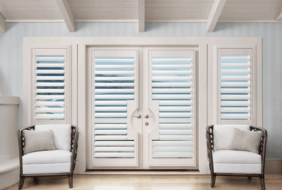 Hunter Douglas glass door window treatments plantation shutters Denver 80206