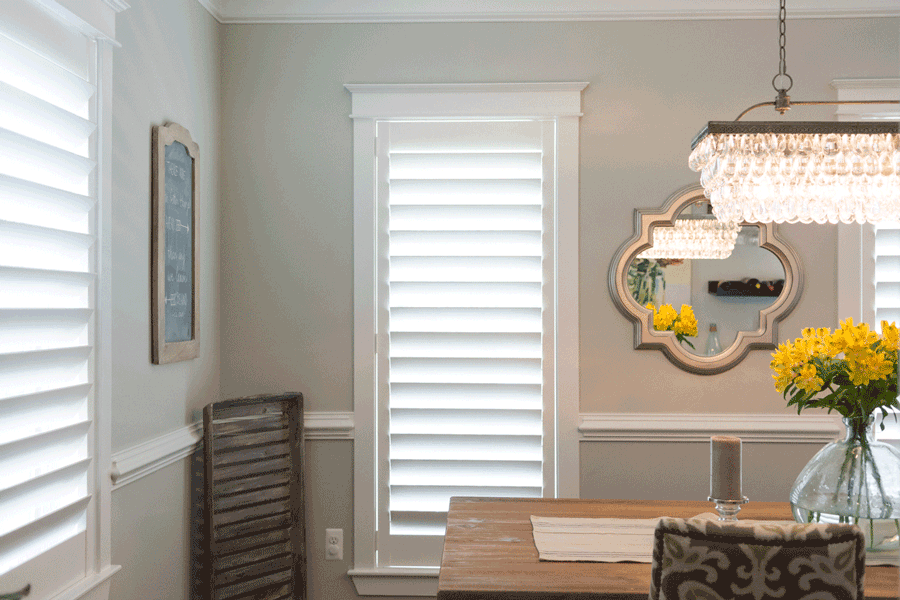 white farmhouse window treatments plantation shutters Denver CO