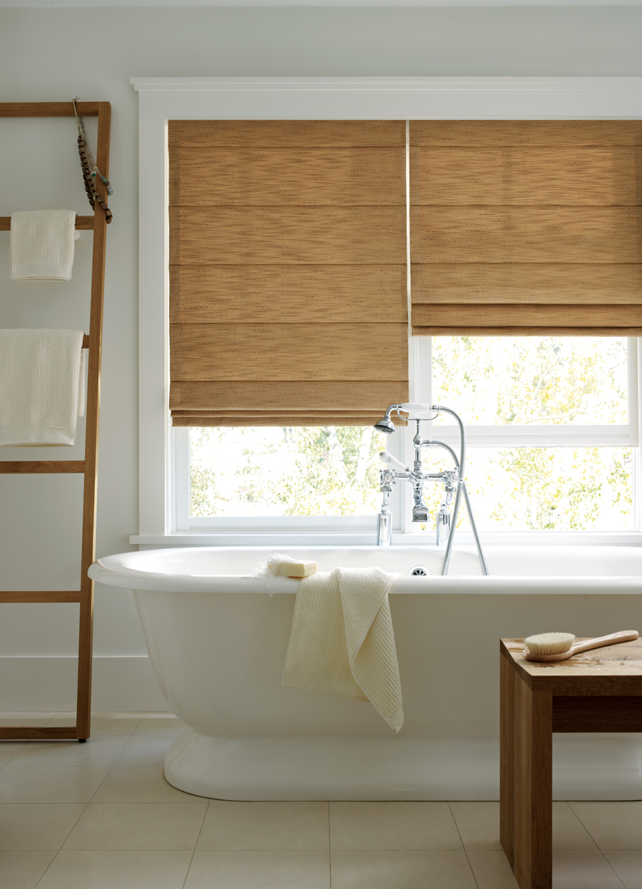 contemporary white bathroom design with designer window treatments roman shades Westminster 80021