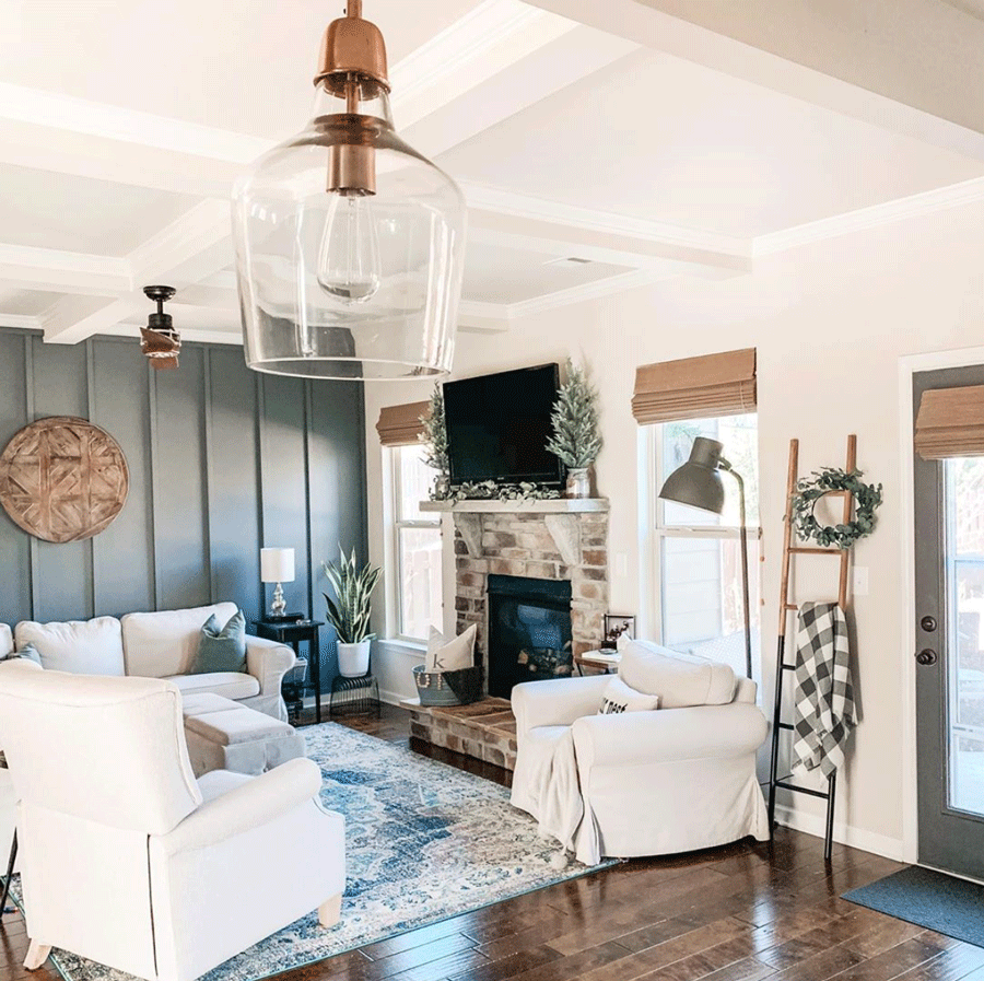 Painted board and batten as a focal wall in living room.