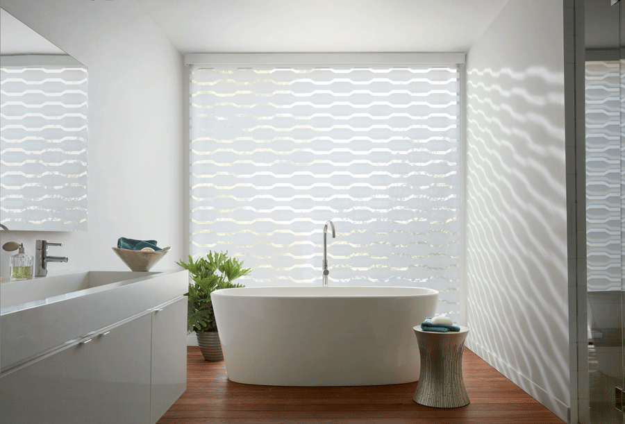 Feature wall with designer banded shades in bathroom.