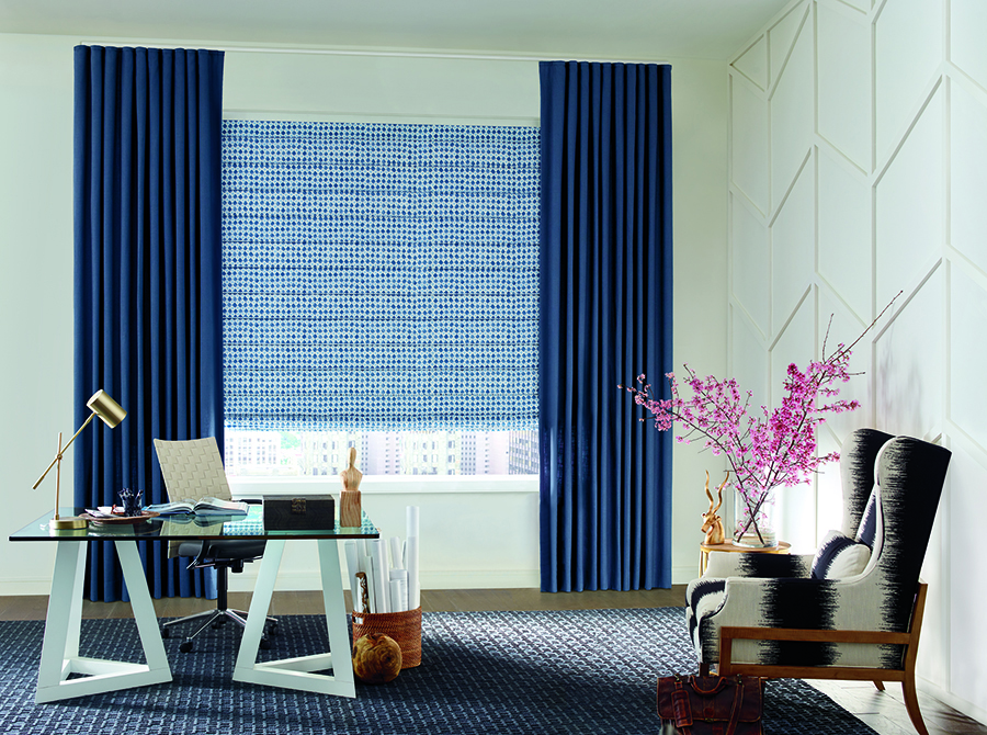 Blue Pattern roman shades in home office