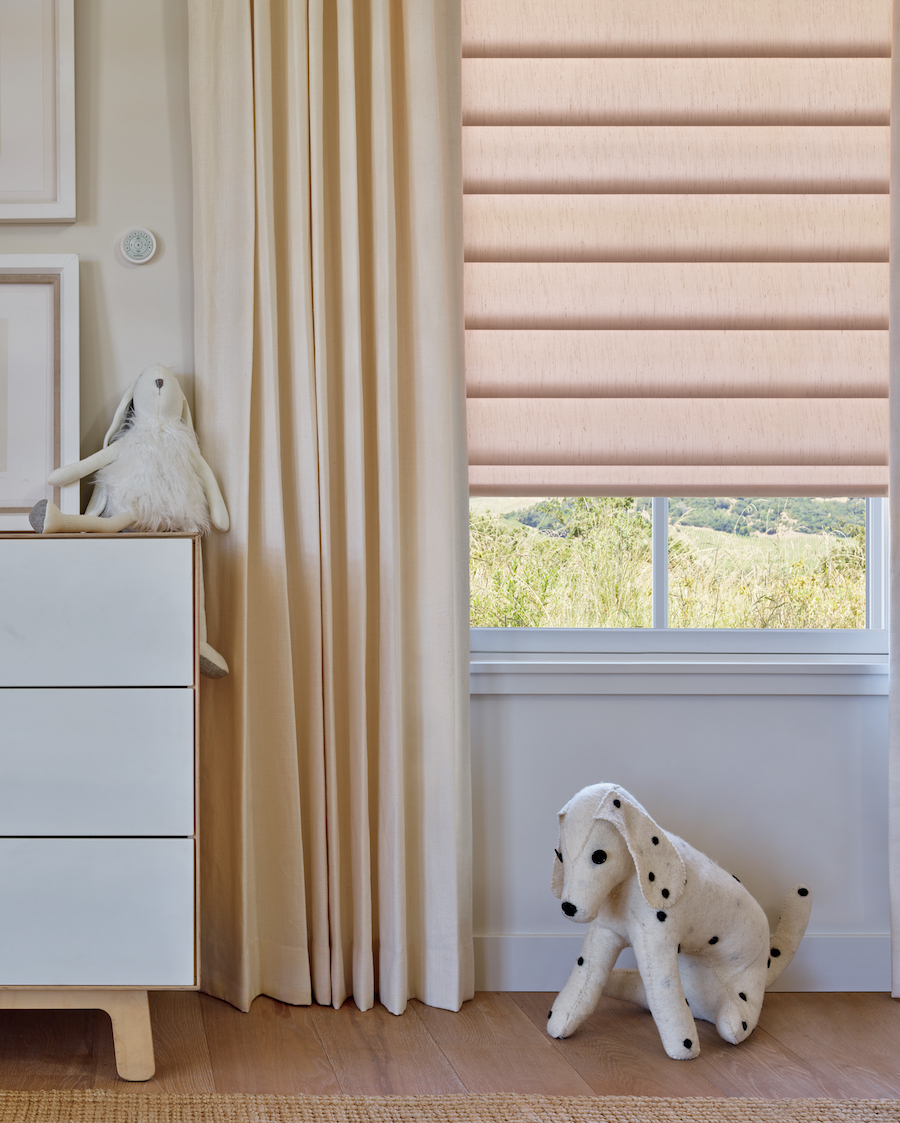 peach colored window shades in nursery with child safe motorization Westminster CO