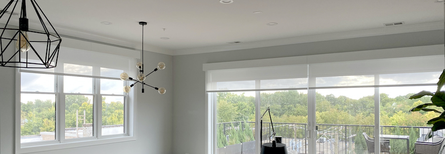 Automated shades by Hunter Douglas with rechargeable batteries.