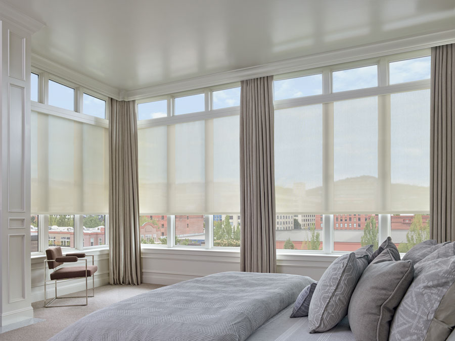 Bedroom with designer screen shades Centennial, CO