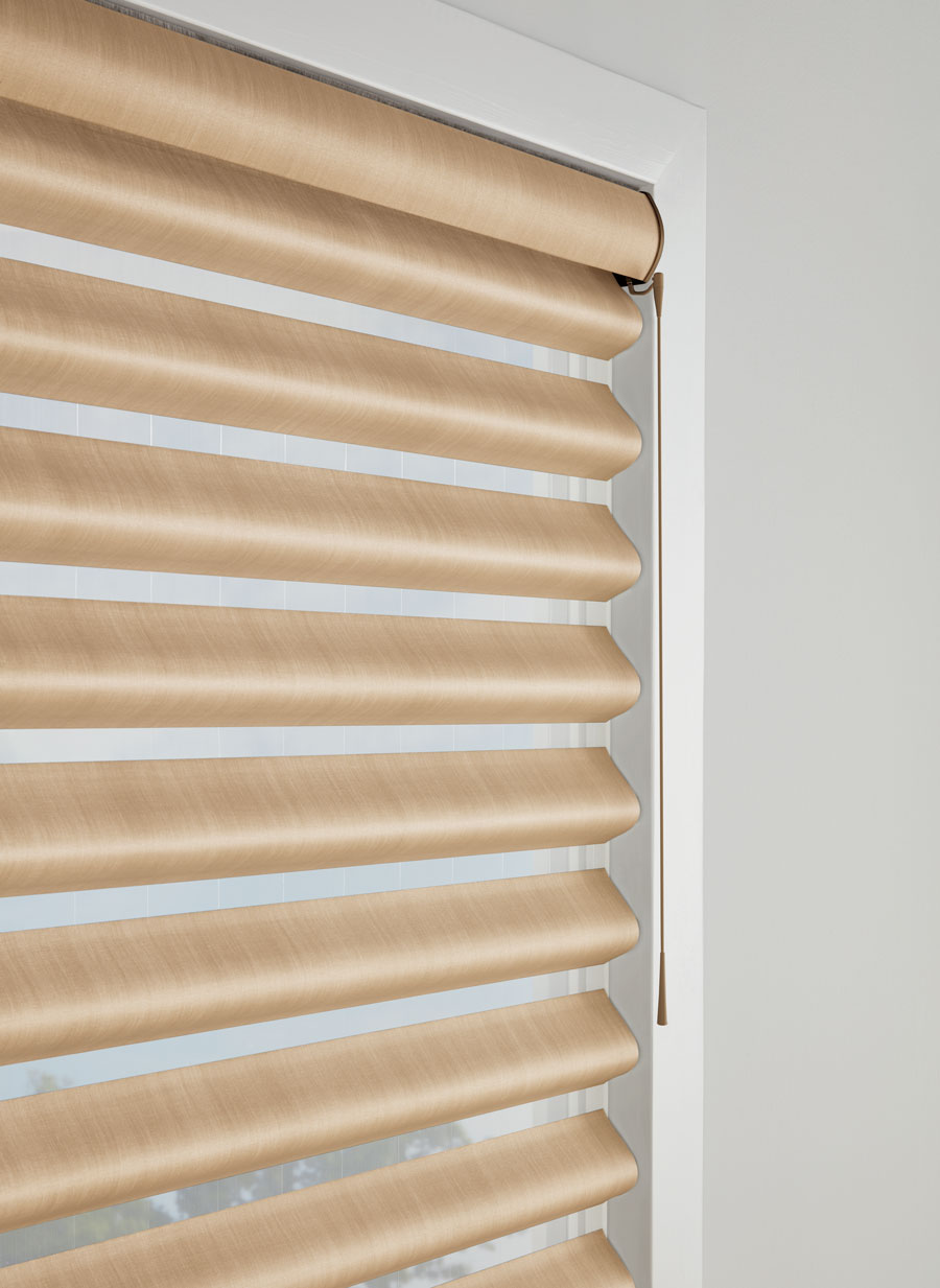 Metallic pirouette shades with wand motorization