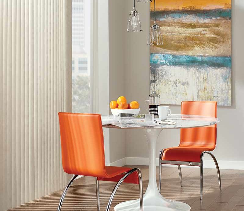 child-safe vertical fabric window shades in modern orange dining room Westminster, CO