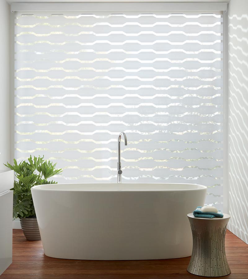 unique window shades with automation in modern white bathroom