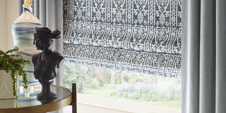 gray damask fabric roman shades with side draperies in Denver CO