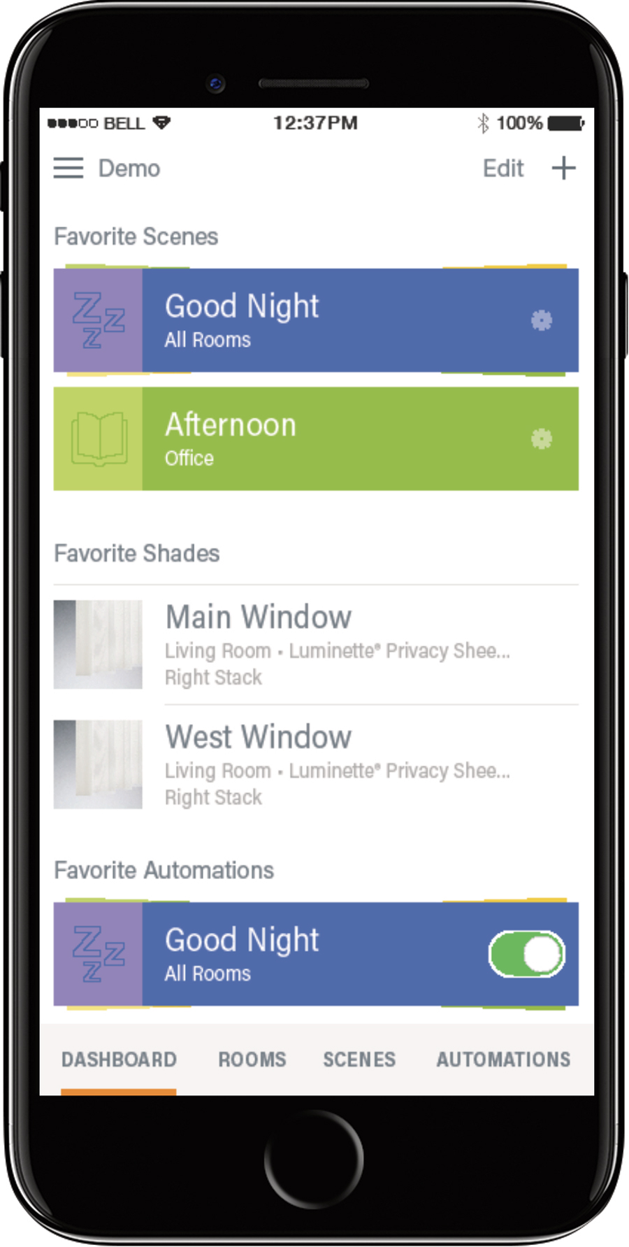 smart shades dashboard on iPhone for remote control blinds in Denver CO