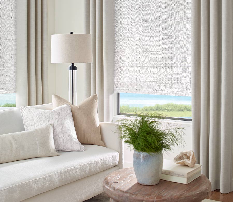 hygge inspired living room with neutral window shades in custom design