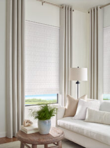 neutral drapery and roman shades on living room windows