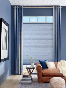 Seema Krish straits pattern drapery in living room of denver home